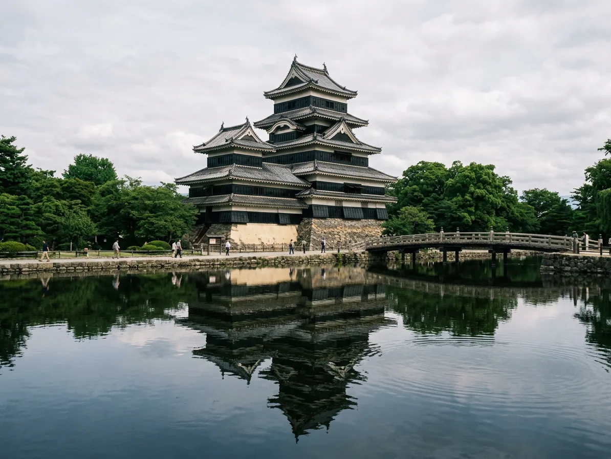 The black keep of Matsumoto Castle reflected in its moat with the Japanese Alps behind