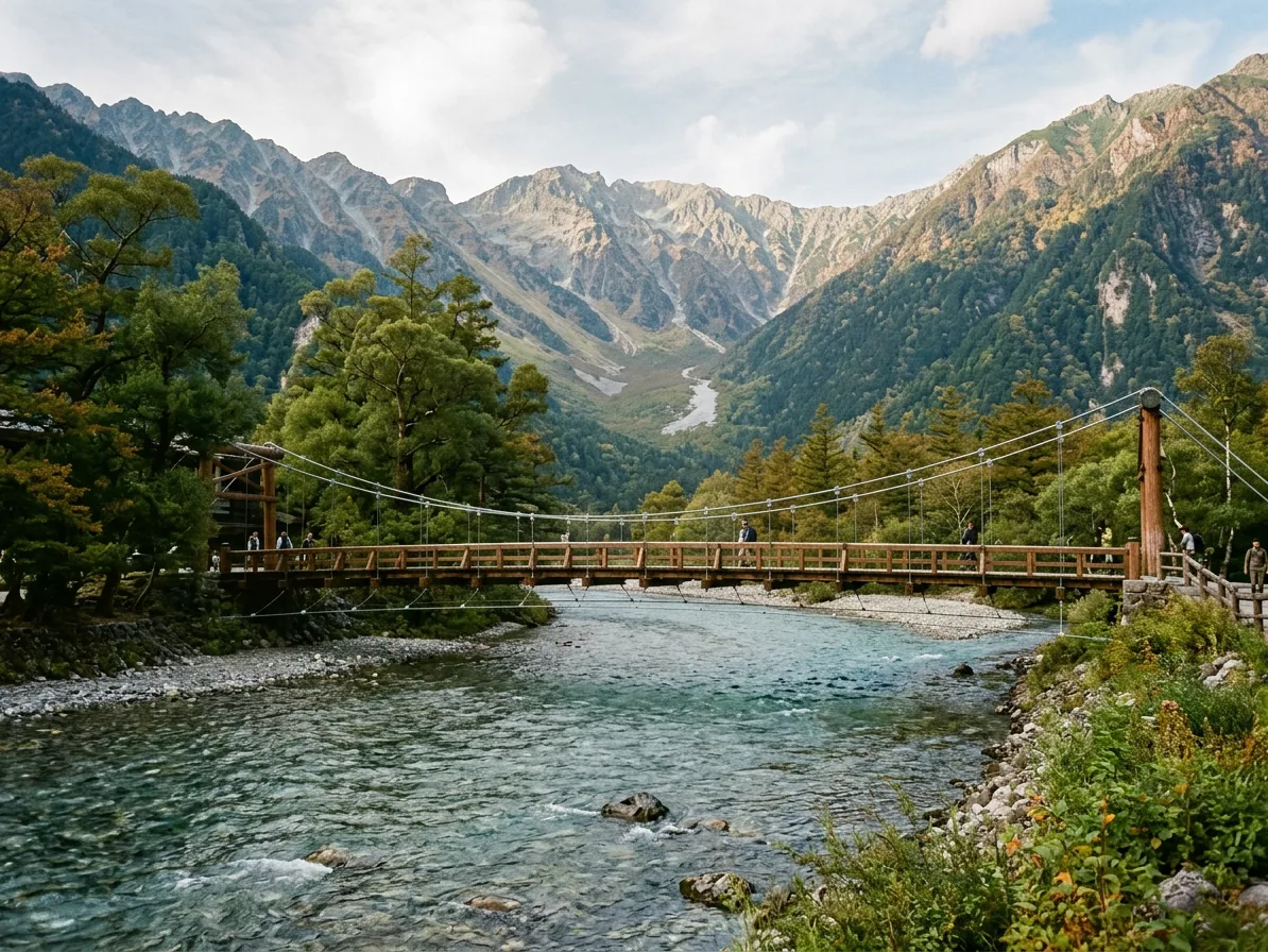 The Kappa bridge over the clear Azusa river at Kamikochi in the Japanese Alps
