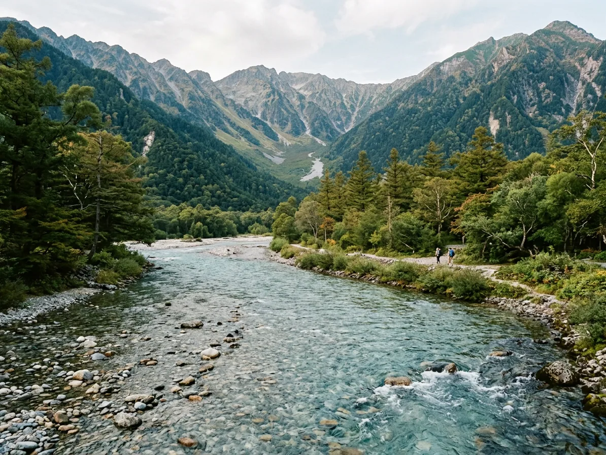 Clear turquoise water of the Azusa river at Kamikochi with alpine peaks behind