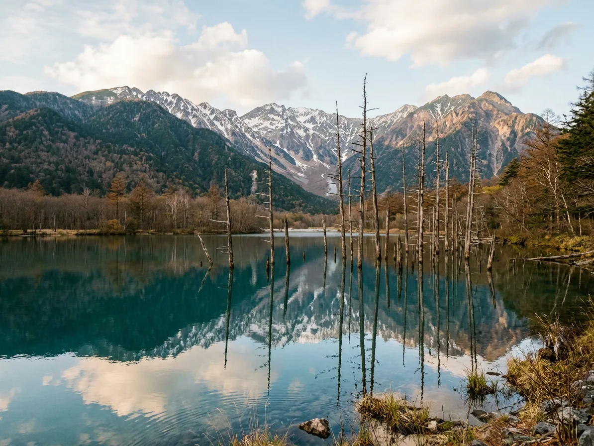 Taisho pond at Kamikochi with standing dead trees and mountain reflections