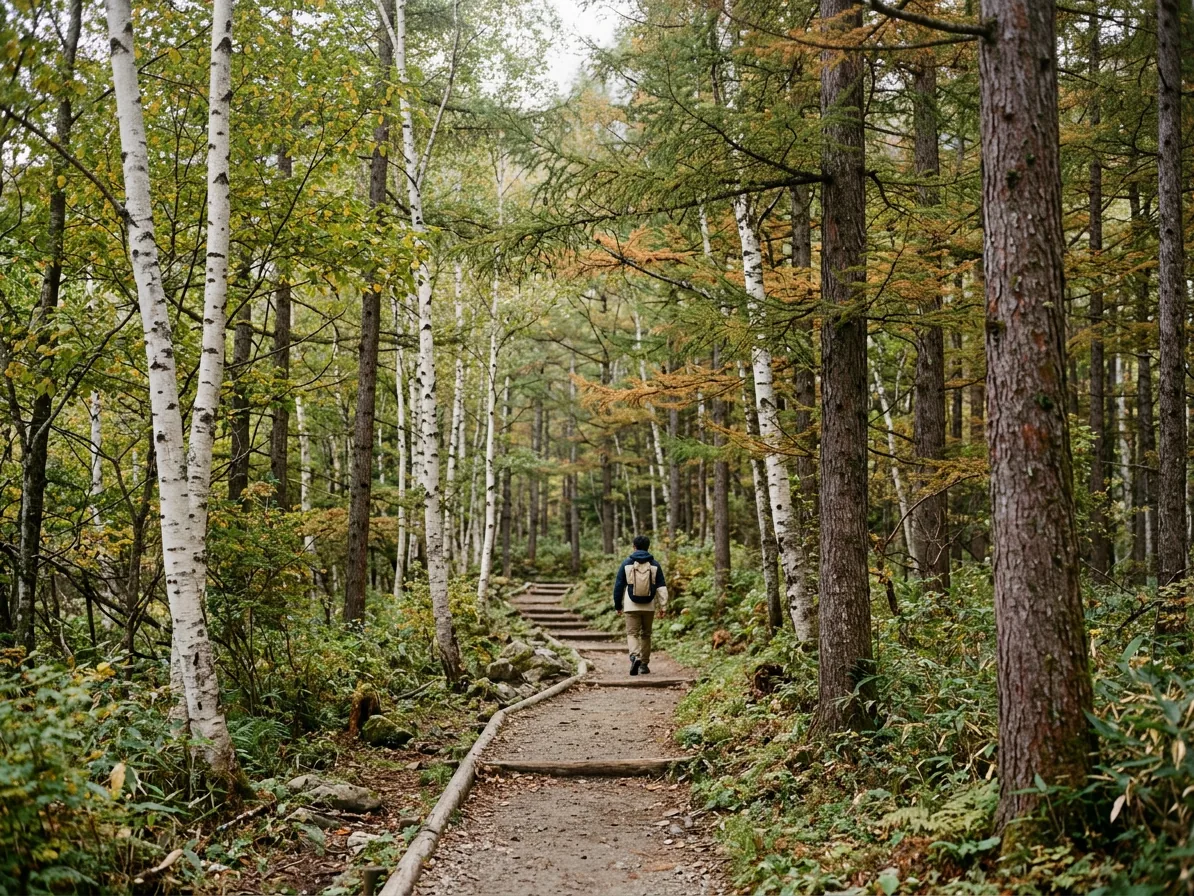 A forest walking trail at Kamikochi beneath larch and birch trees
