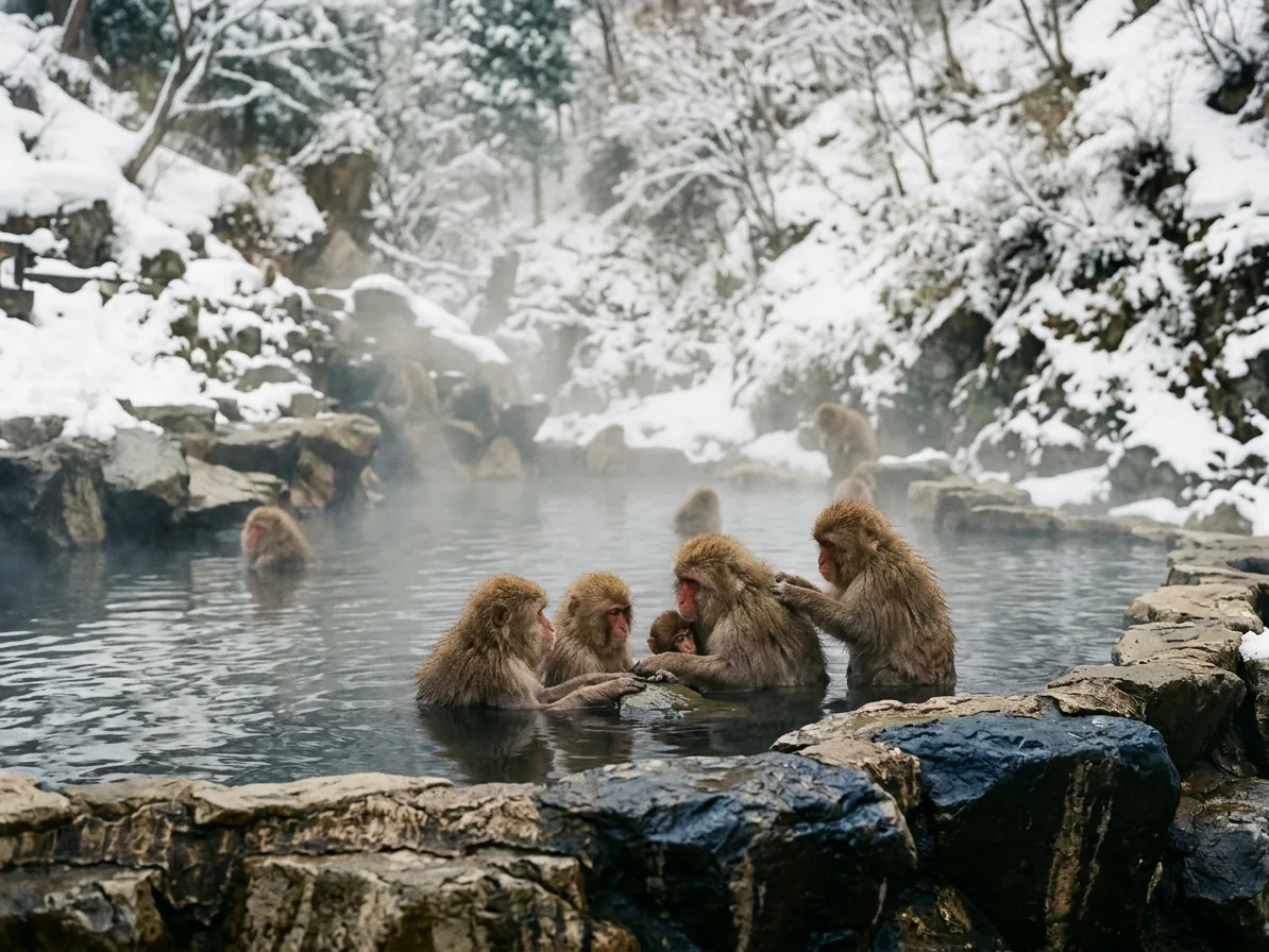 Japanese macaques sitting in a steaming hot spring pool surrounded by snow at Jigokudani