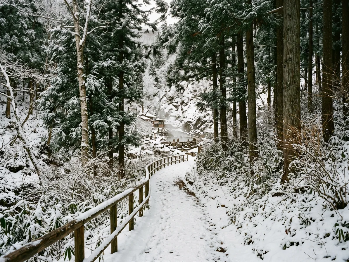 Snow covered forest path leading to the Jigokudani monkey park in Nagano