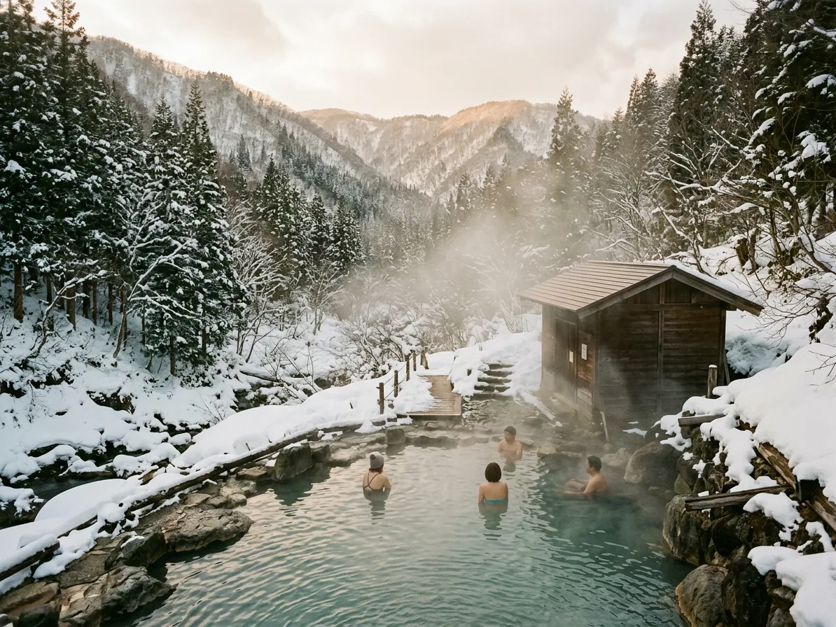 Steam rising from a natural hot spring in a snowy Nagano valley