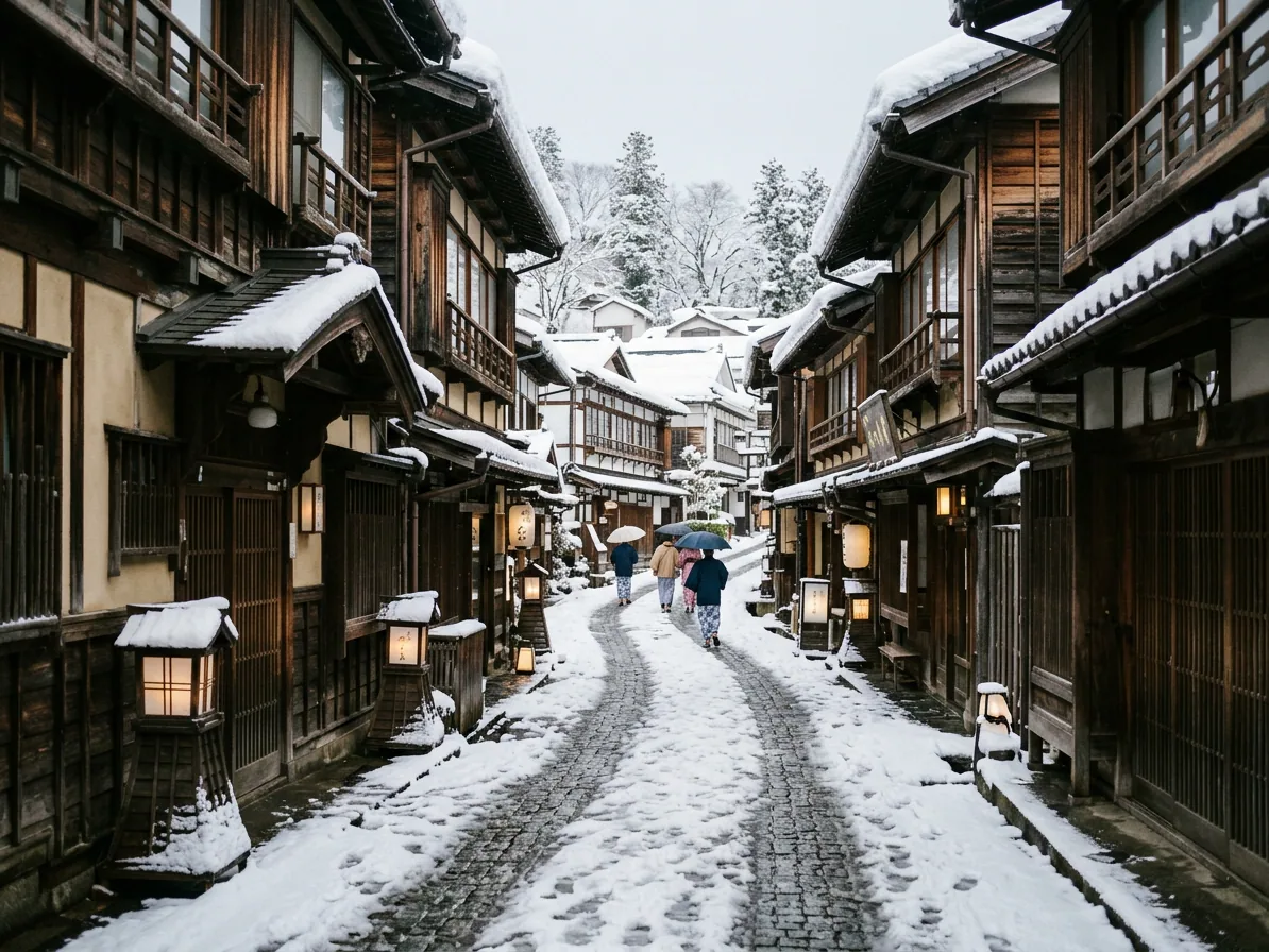 The old wooden bathhouse street of Shibu Onsen in Nagano under snow