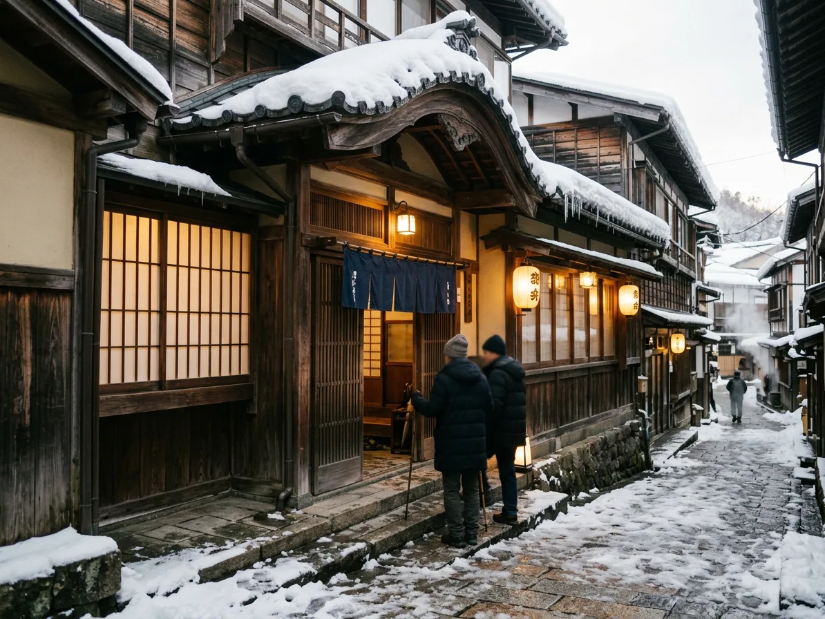 A traditional Japanese inn exterior in Shibu Onsen with lantern light in winter