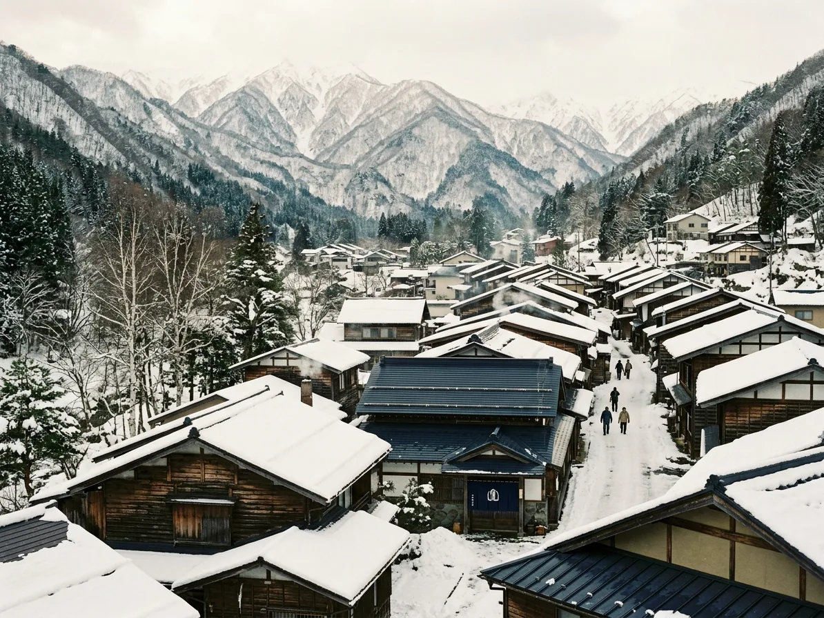 Snow covered rooftops of a Nagano mountain village at soft daylight