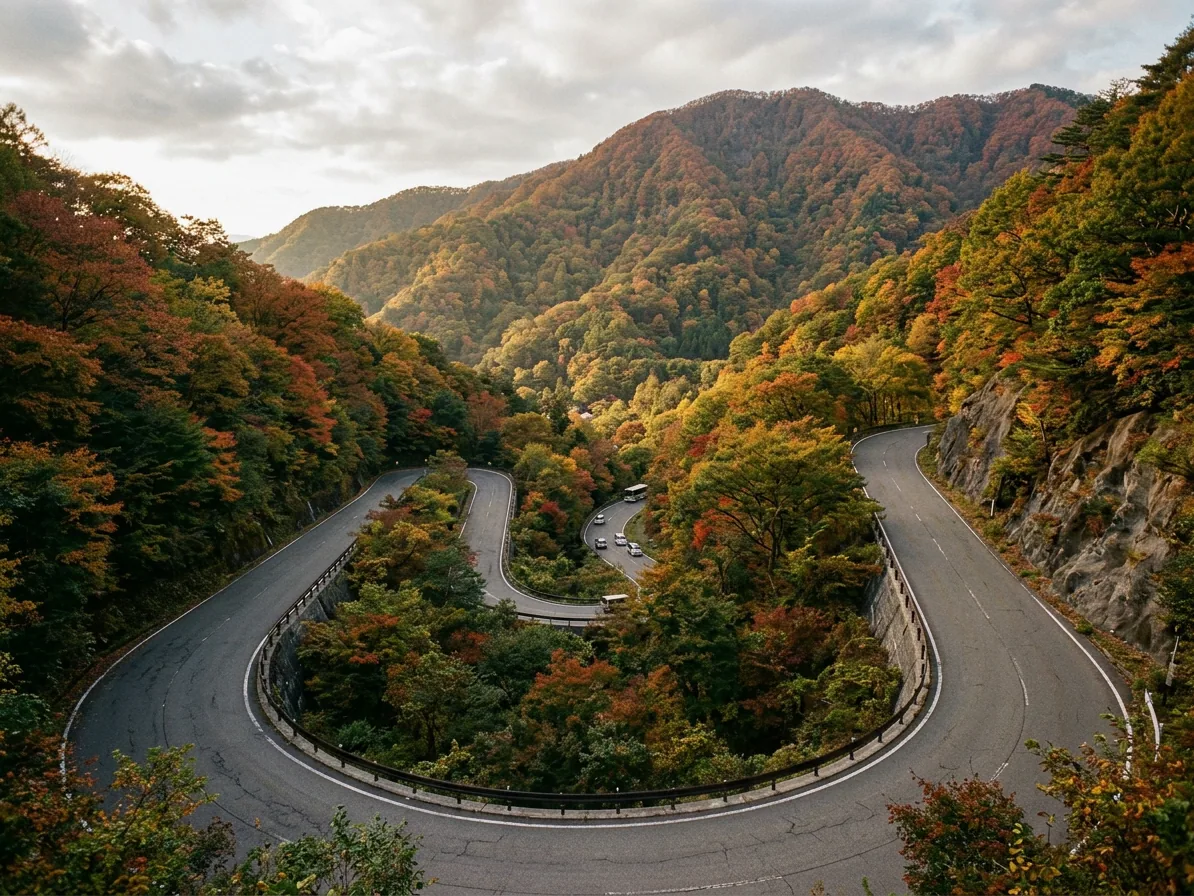 Autumn maples in red and gold above Ryuzu Falls on the Nikko plateau