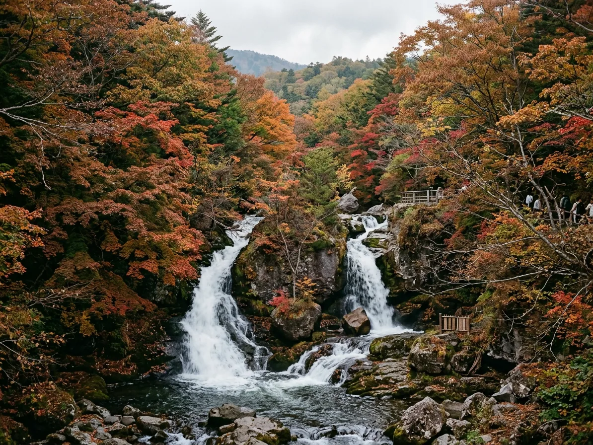 Ryuzu Falls in Nikko running through maple trees in autumn colour