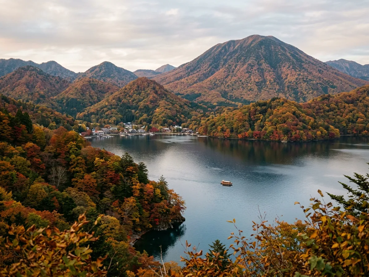 Lake Chuzenji in Nikko surrounded by autumn foliage