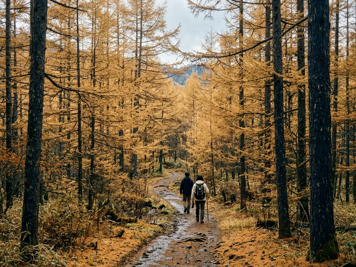 Golden larch forest in Oku-Nikko in late autumn