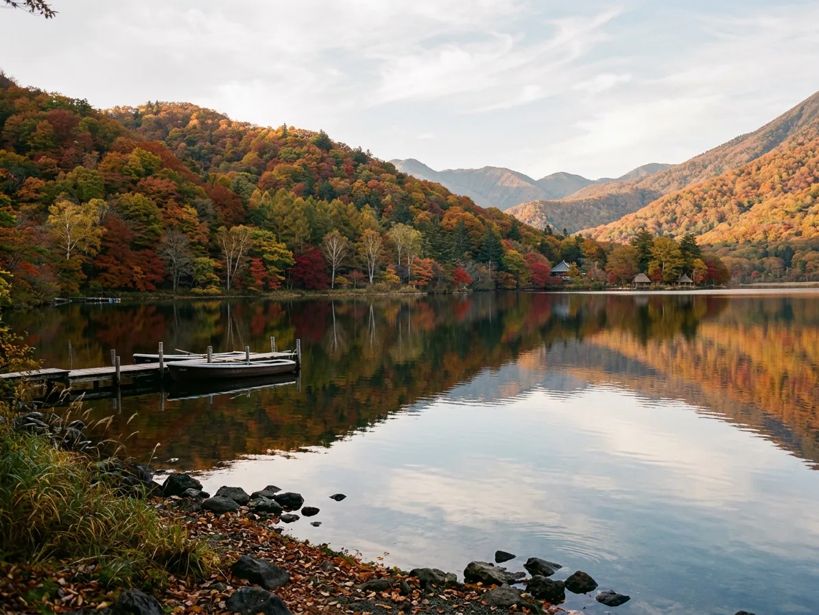 Lake Yunoko in Nikko mirrored with autumn hillsides