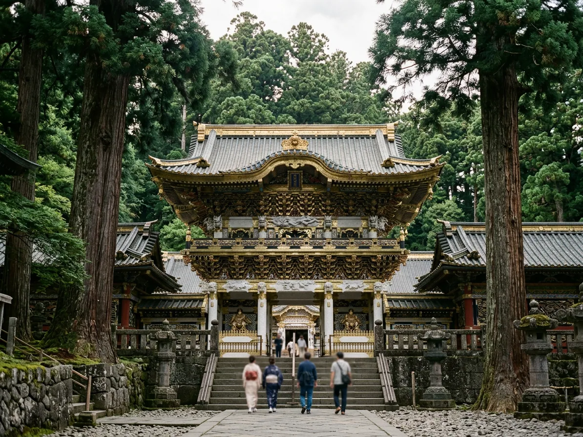 The carved and gilded Yomeimon gate at Toshogu Shrine surrounded by cedar trees in Nikko