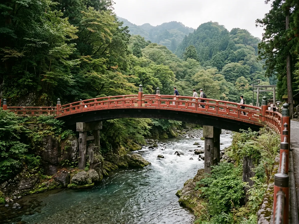 The red Shinkyo bridge over the Daiya river in Nikko