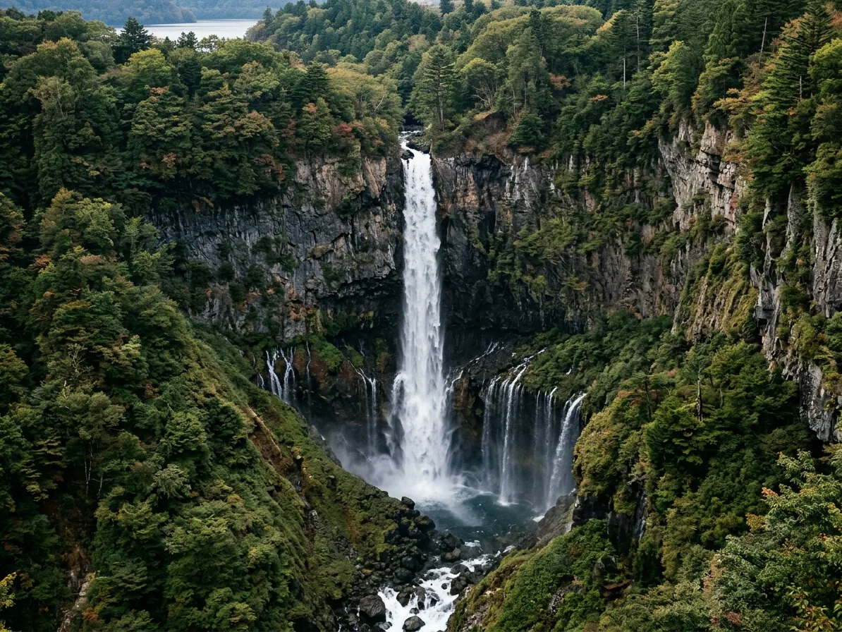 Kegon Falls in Nikko plunging into the gorge below with forested cliffs