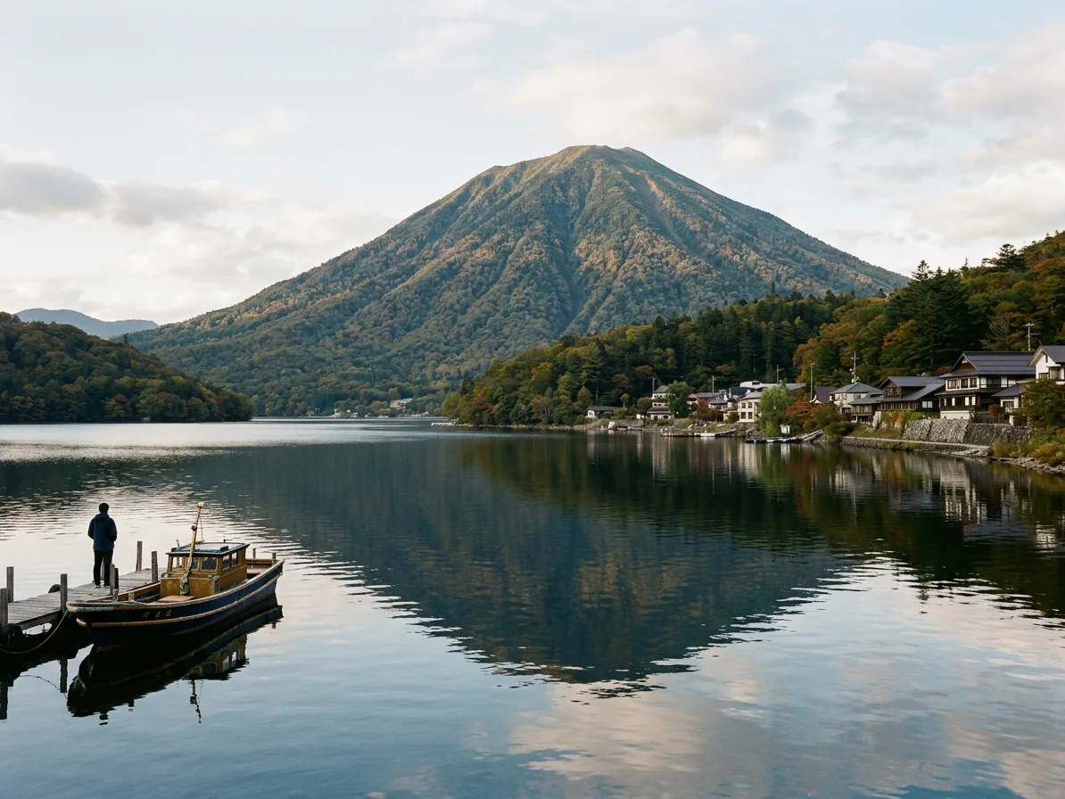Lake Chuzenji in Nikko with Mount Nantai rising behind still water