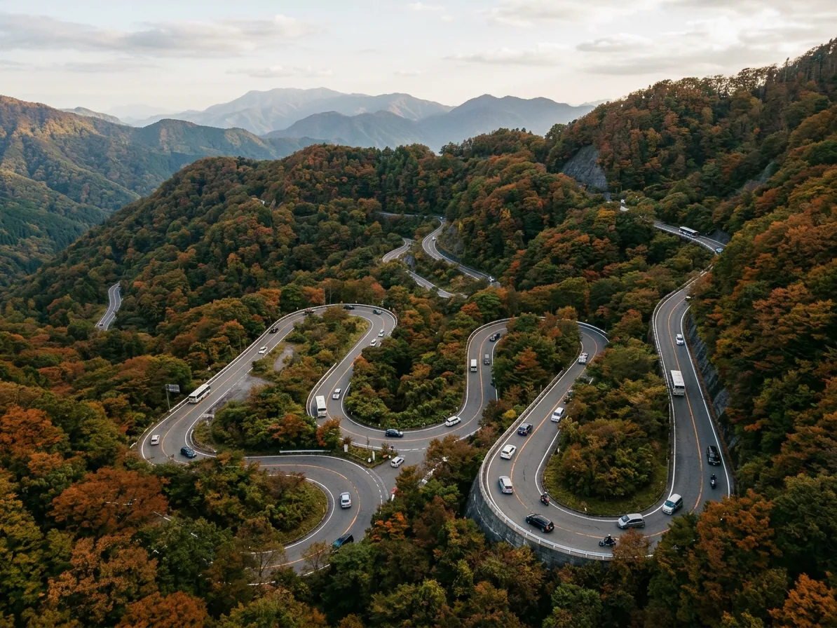 The hairpin curves of the Irohazaka mountain road in Nikko seen from above
