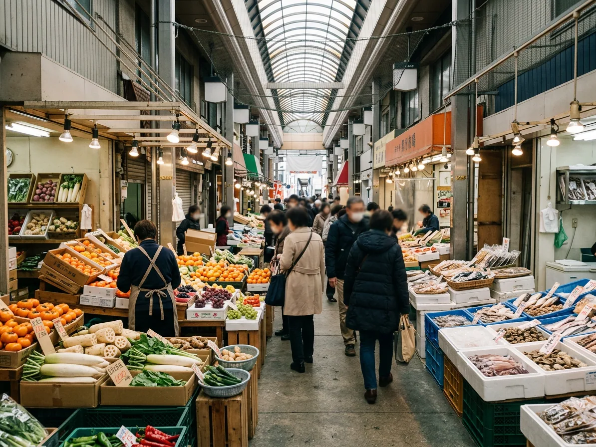 Stalls of fresh seafood and fruit under the covered roof of Kuromon Ichiba Market in Osaka