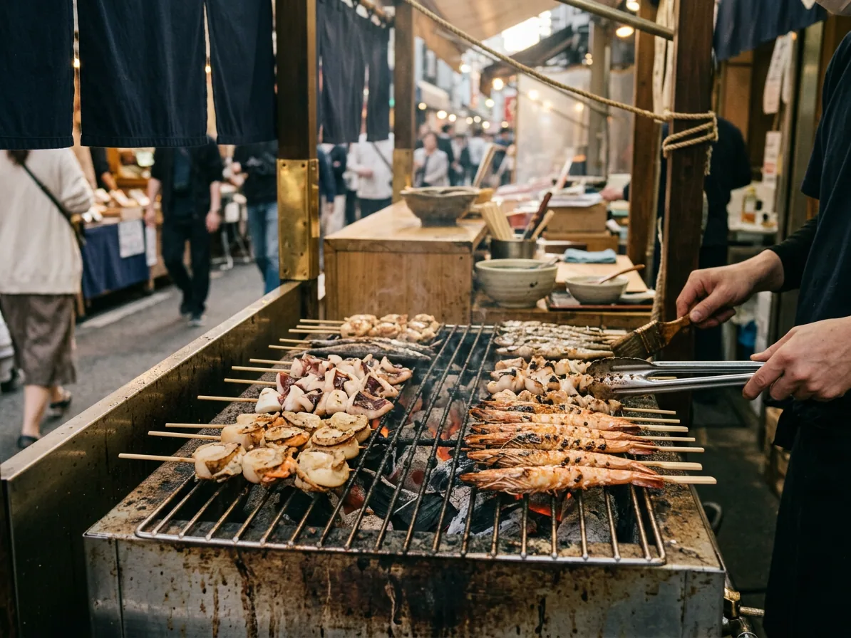 Grilled seafood skewers on a market stall griddle in Osaka