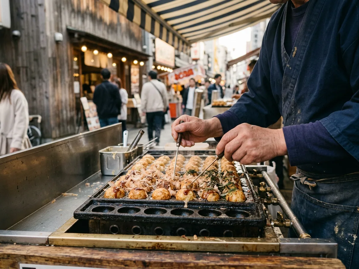 Takoyaki octopus balls cooking in a cast iron pan at an Osaka street stall
