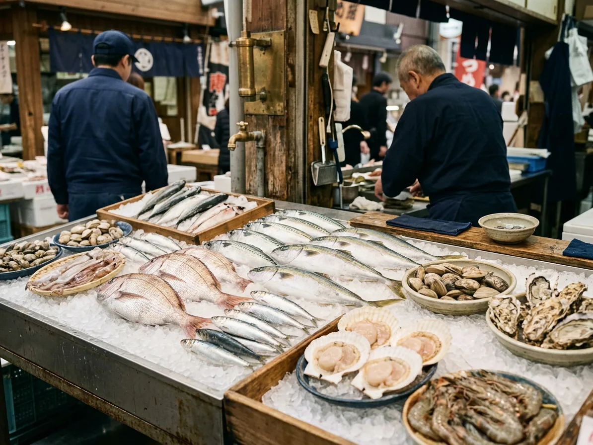 Fresh fish and shellfish displayed on ice at an Osaka market stall