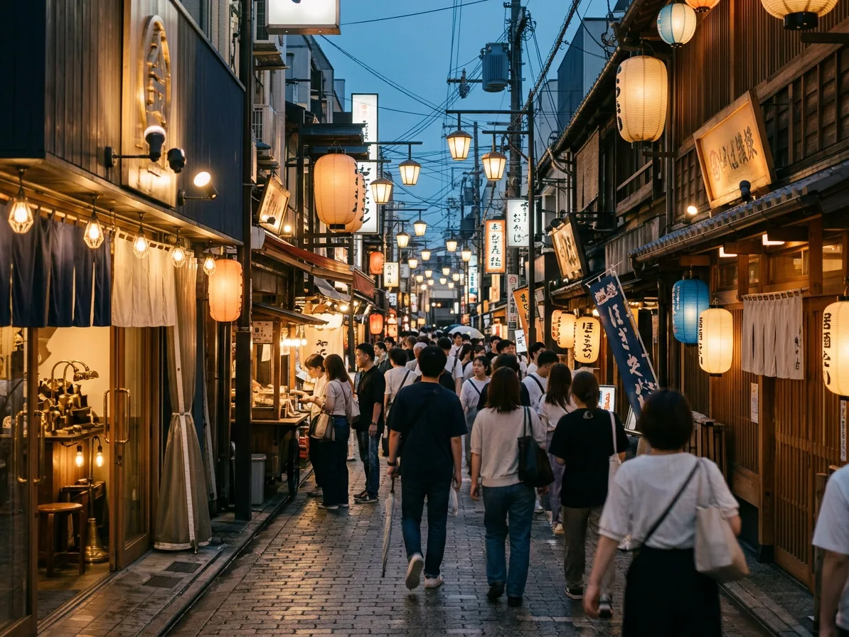 A busy Osaka Namba street in the evening with warm lighting