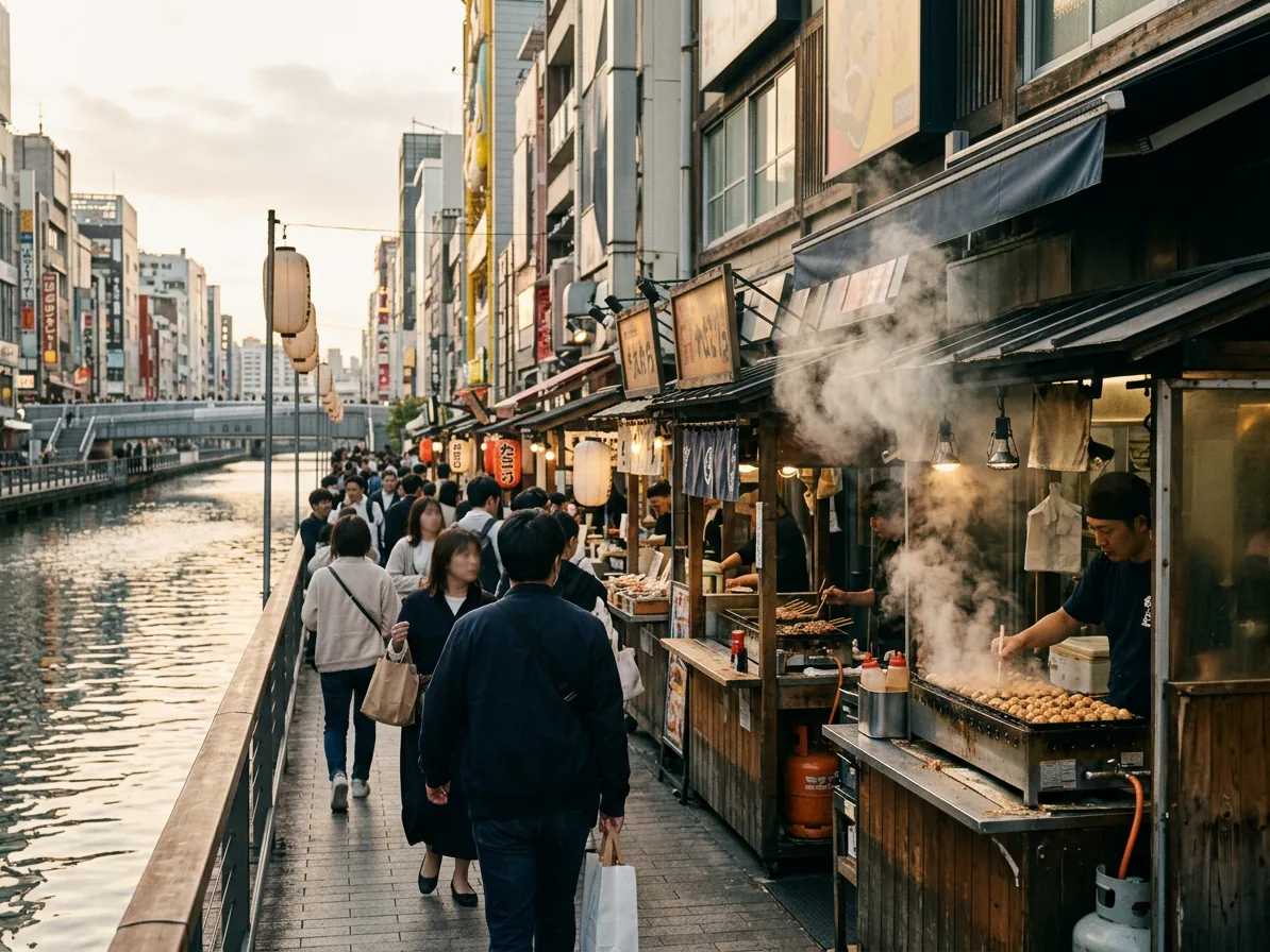 Street food stalls along Dotonbori in Osaka with steam rising