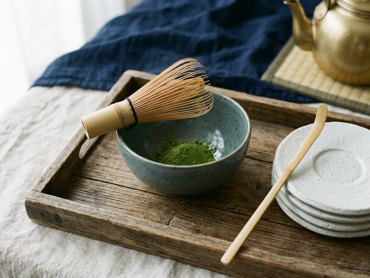 Matcha whisk, bamboo scoop and ceramic bowl arranged on a wooden tray
