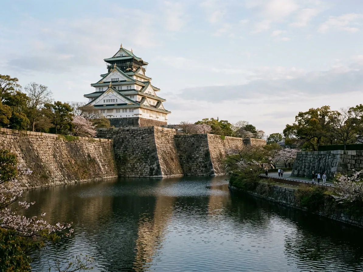 Osaka Castle keep above its stone walls and outer moat