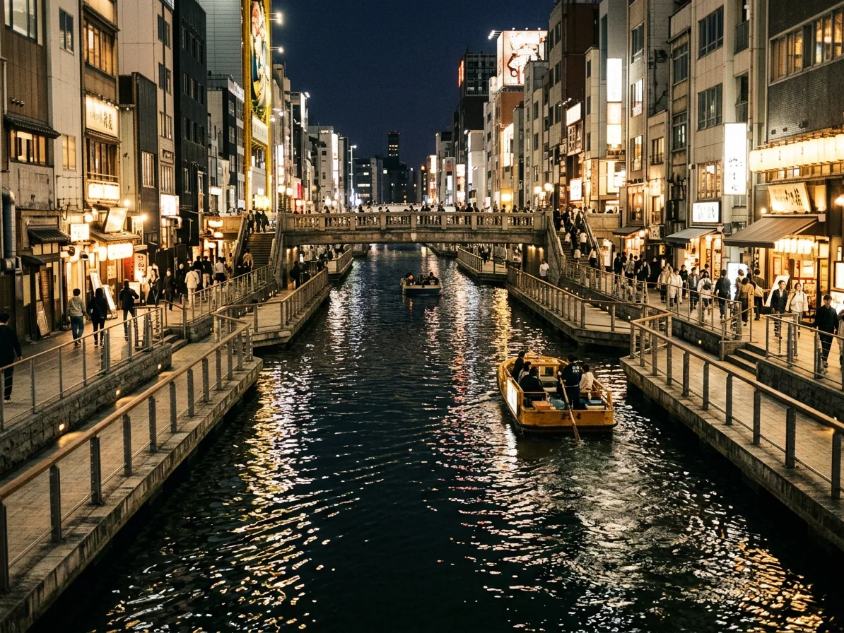 The Dotonbori canal in Osaka at night with reflections on the water
