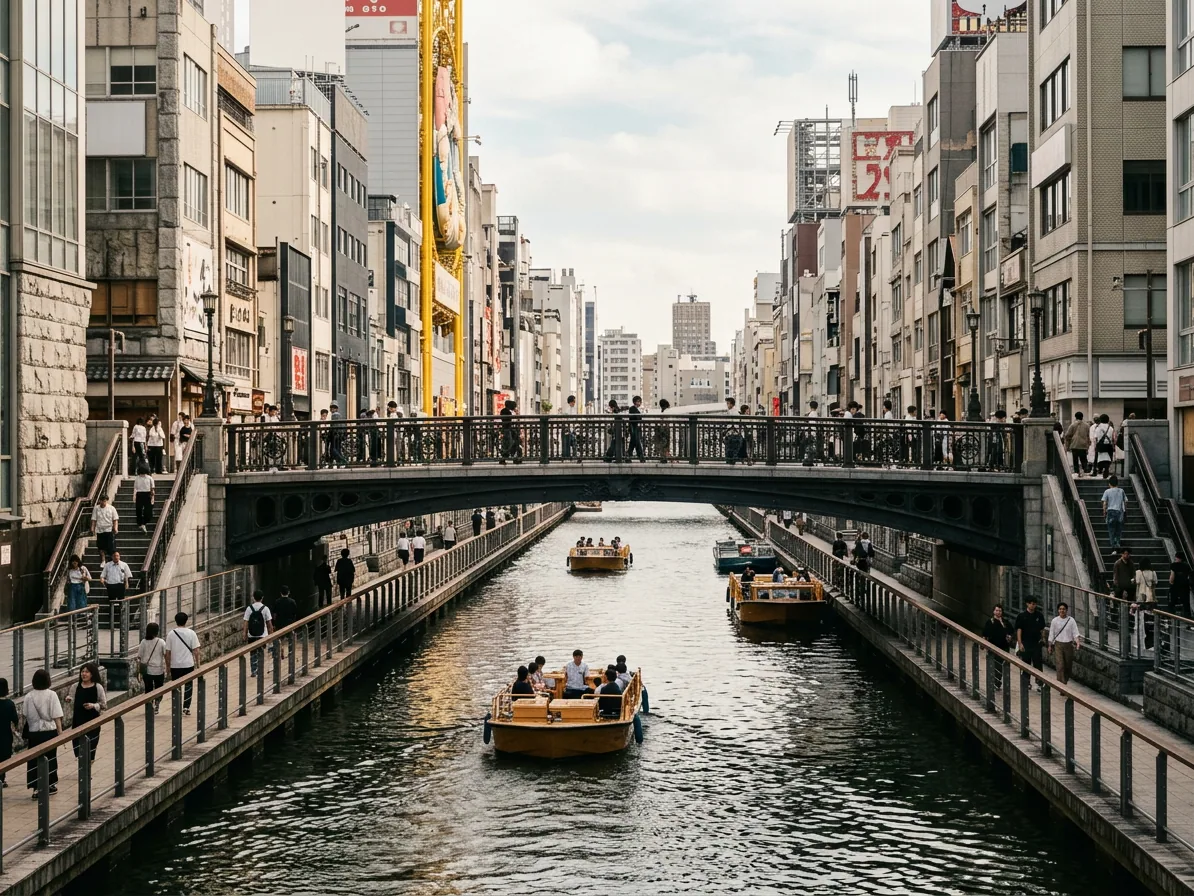 Dotonbori canal in Osaka in daylight with the pedestrian bridge