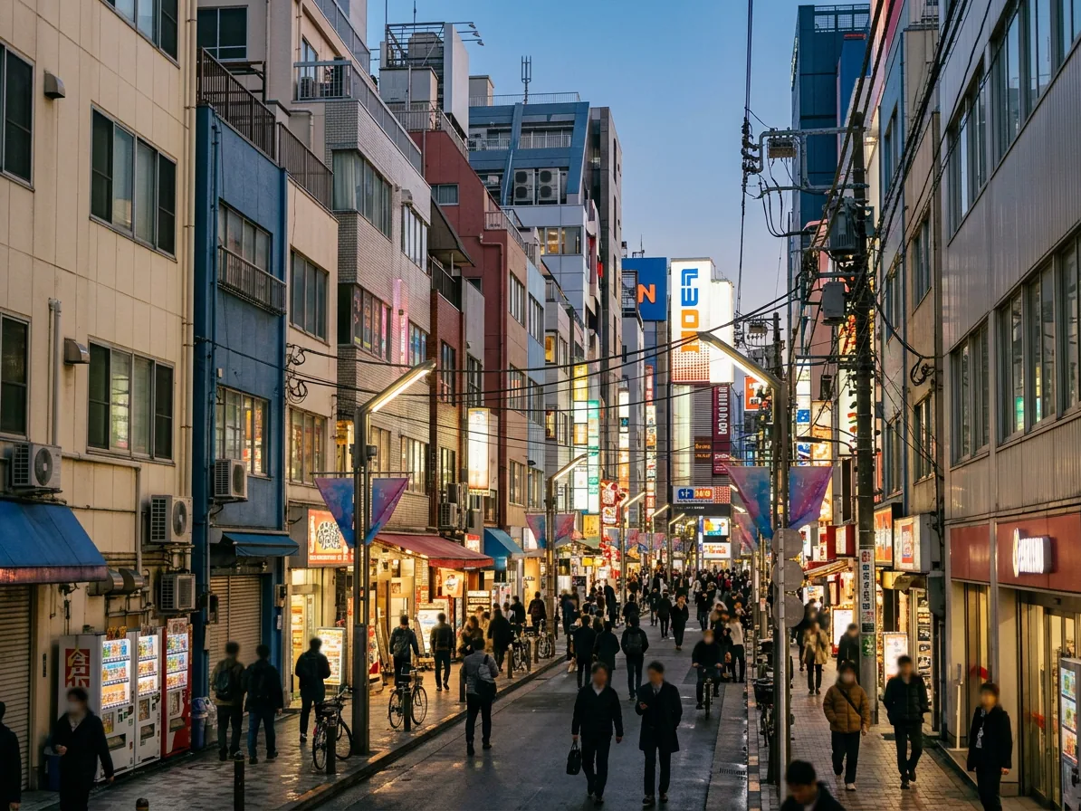 Bright shop signage and anime billboards along the main street in Akihabara, Tokyo