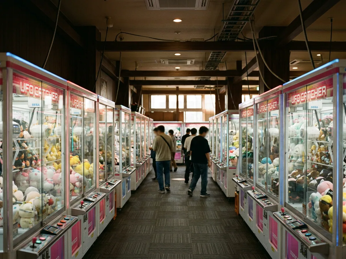 Interior of a Japanese game arcade with rows of crane machines and neon lighting