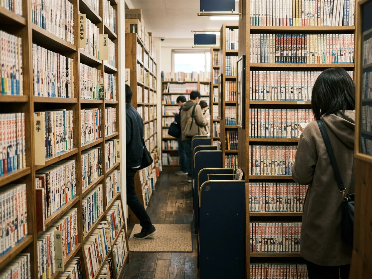 Shelves of Japanese comic books in a Tokyo bookshop aisle