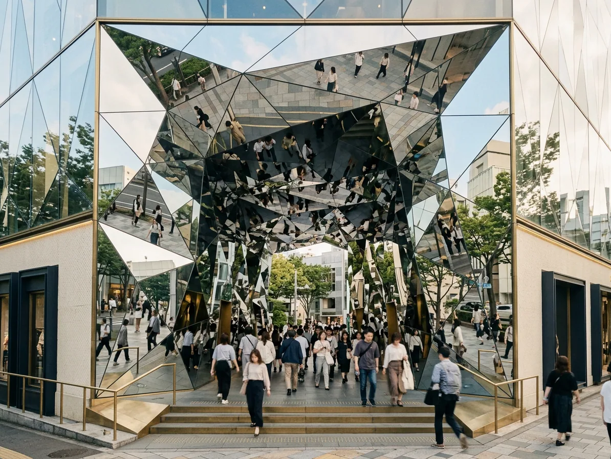 The mirrored kaleidoscope entrance of a Harajuku shopping building in Omotesando