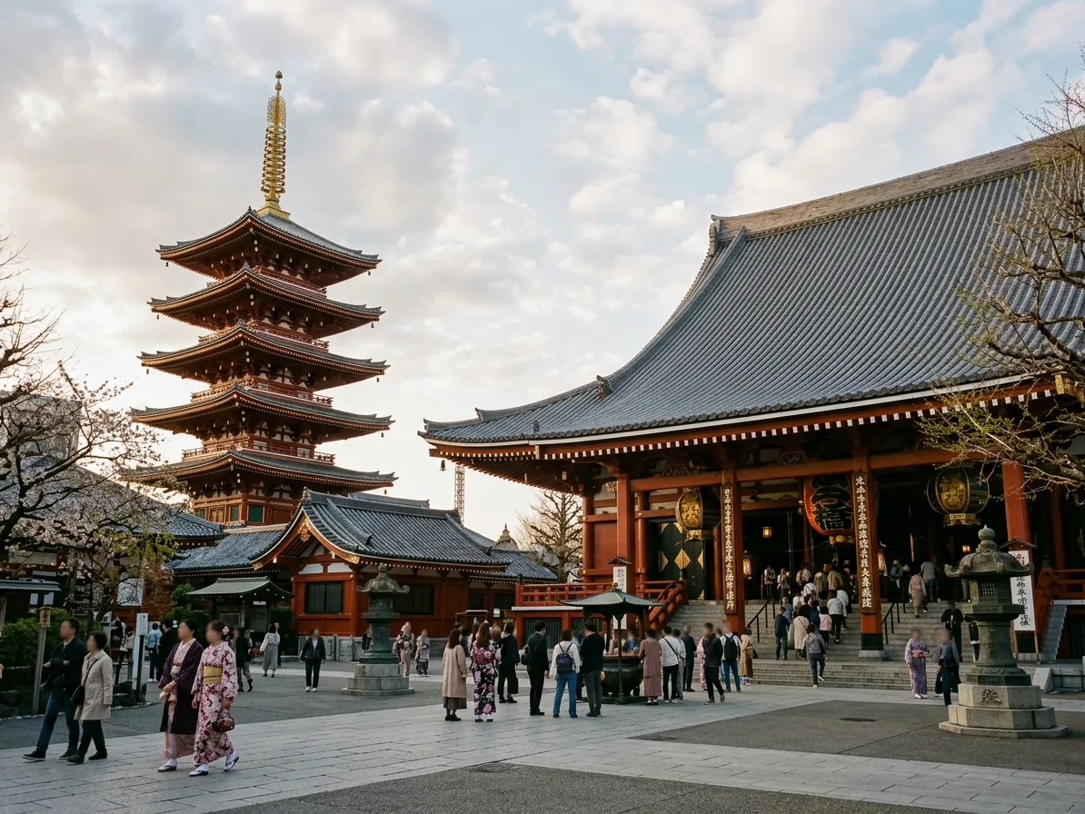 Senso-ji temple in Asakusa with the red Kaminarimon lantern and Tokyo Skytree in the distance