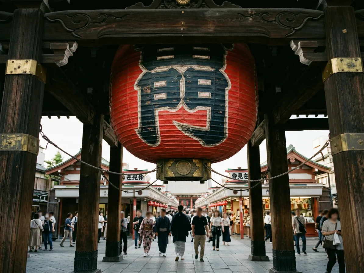 The great red lantern of Kaminarimon gate in Asakusa seen from below