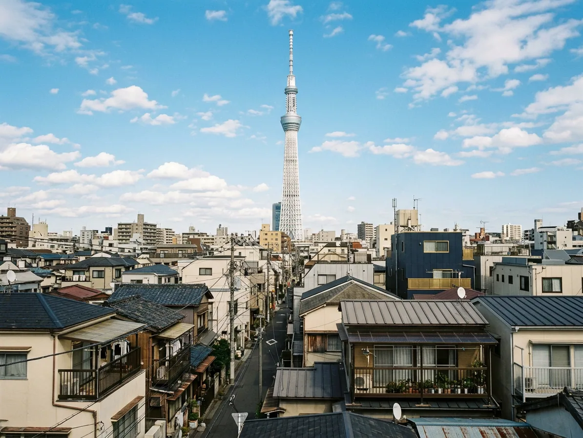 Tokyo Skytree tower rising above low neighbourhood rooftops on a clear day