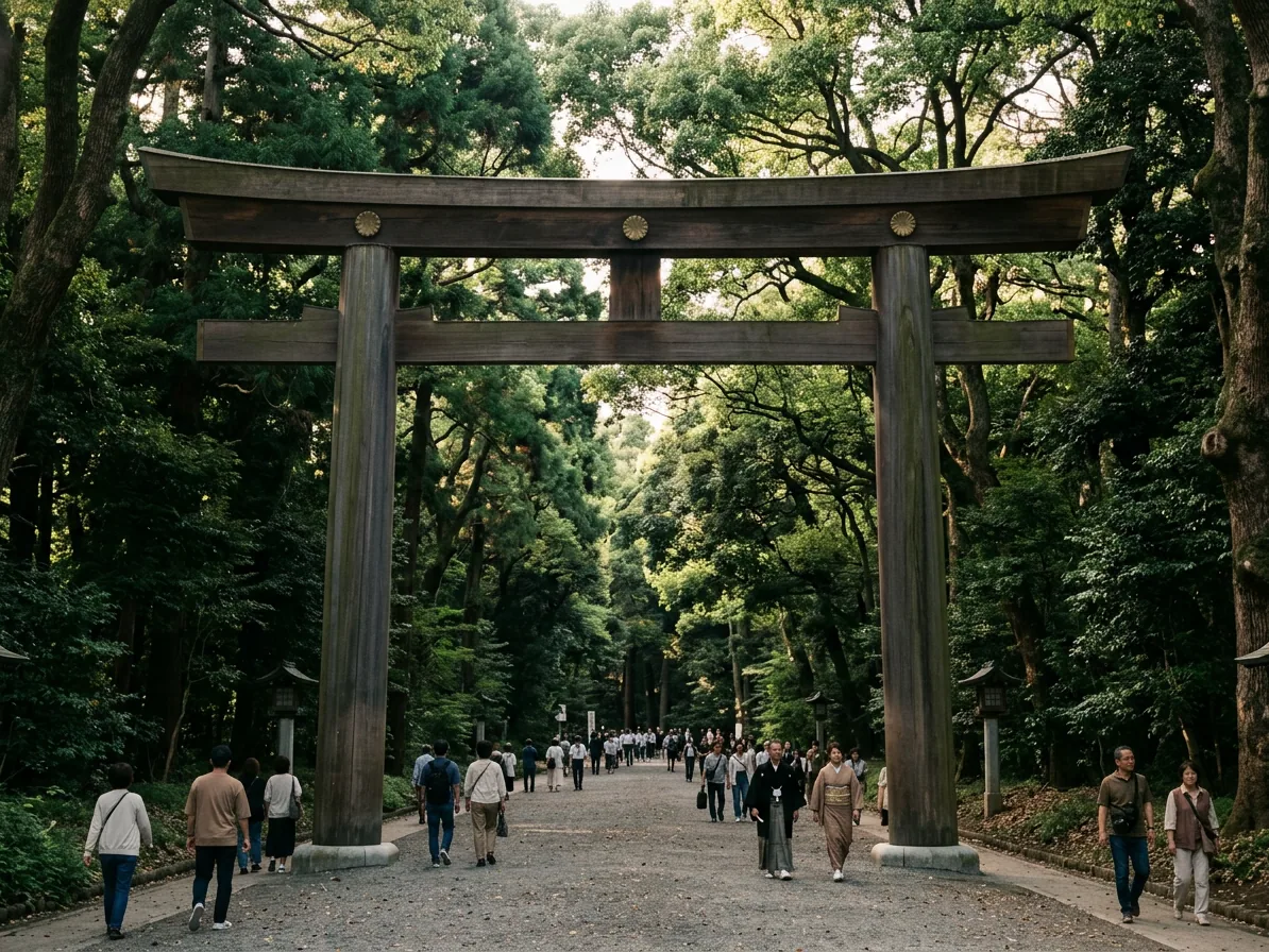The large wooden torii gate at the forest entrance to Meiji Jingu shrine in Tokyo
