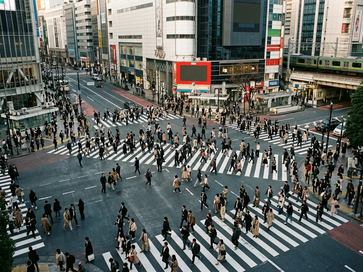 Shibuya scramble crossing in Tokyo from above with pedestrians mid-crossing