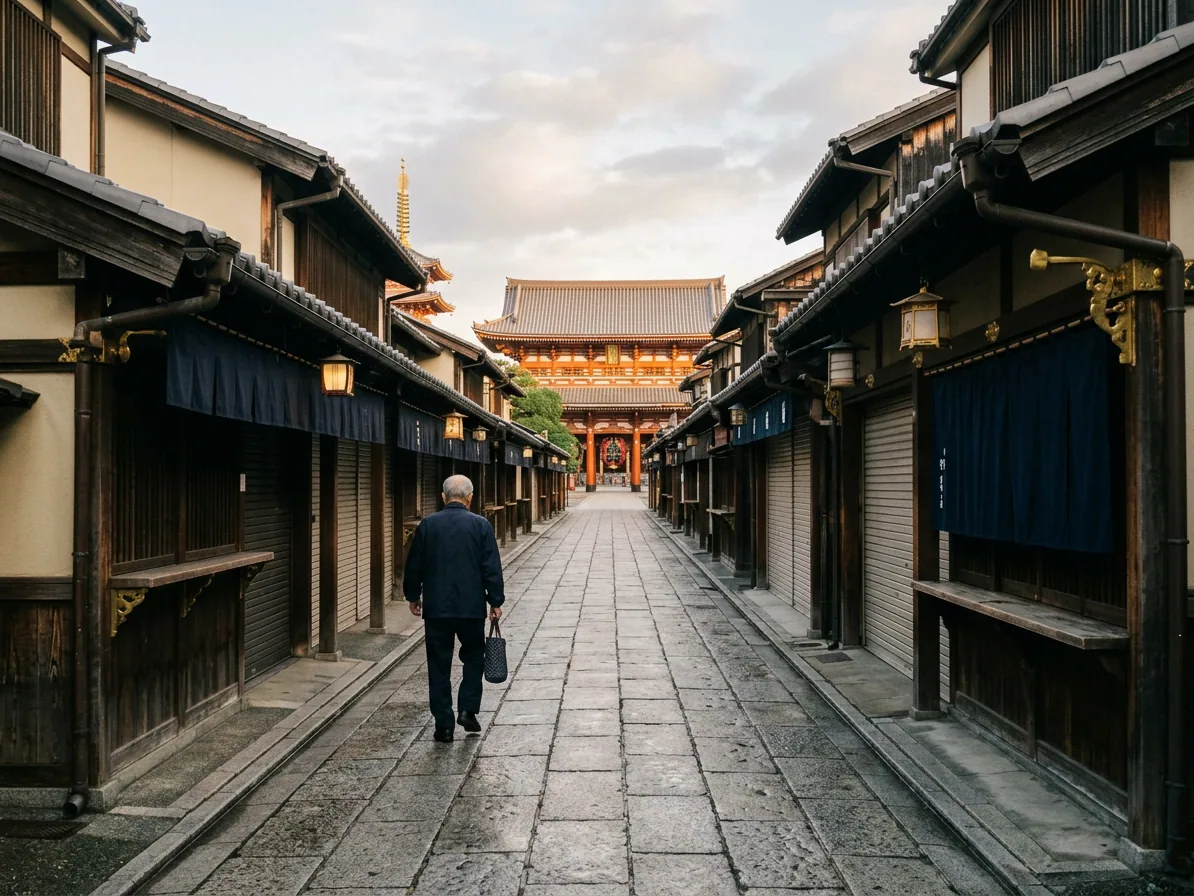 A quiet approach lane to Senso-ji temple in early morning light