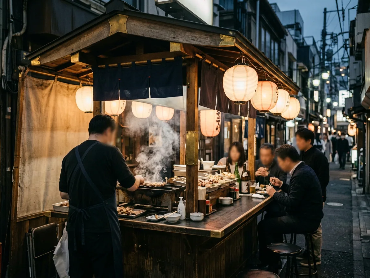 A small Tokyo street food stall with steaming grill and paper lanterns at dusk