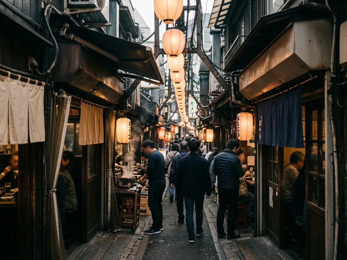 Narrow izakaya alley in Shinjuku Omoide Yokocho at dusk with hanging lanterns