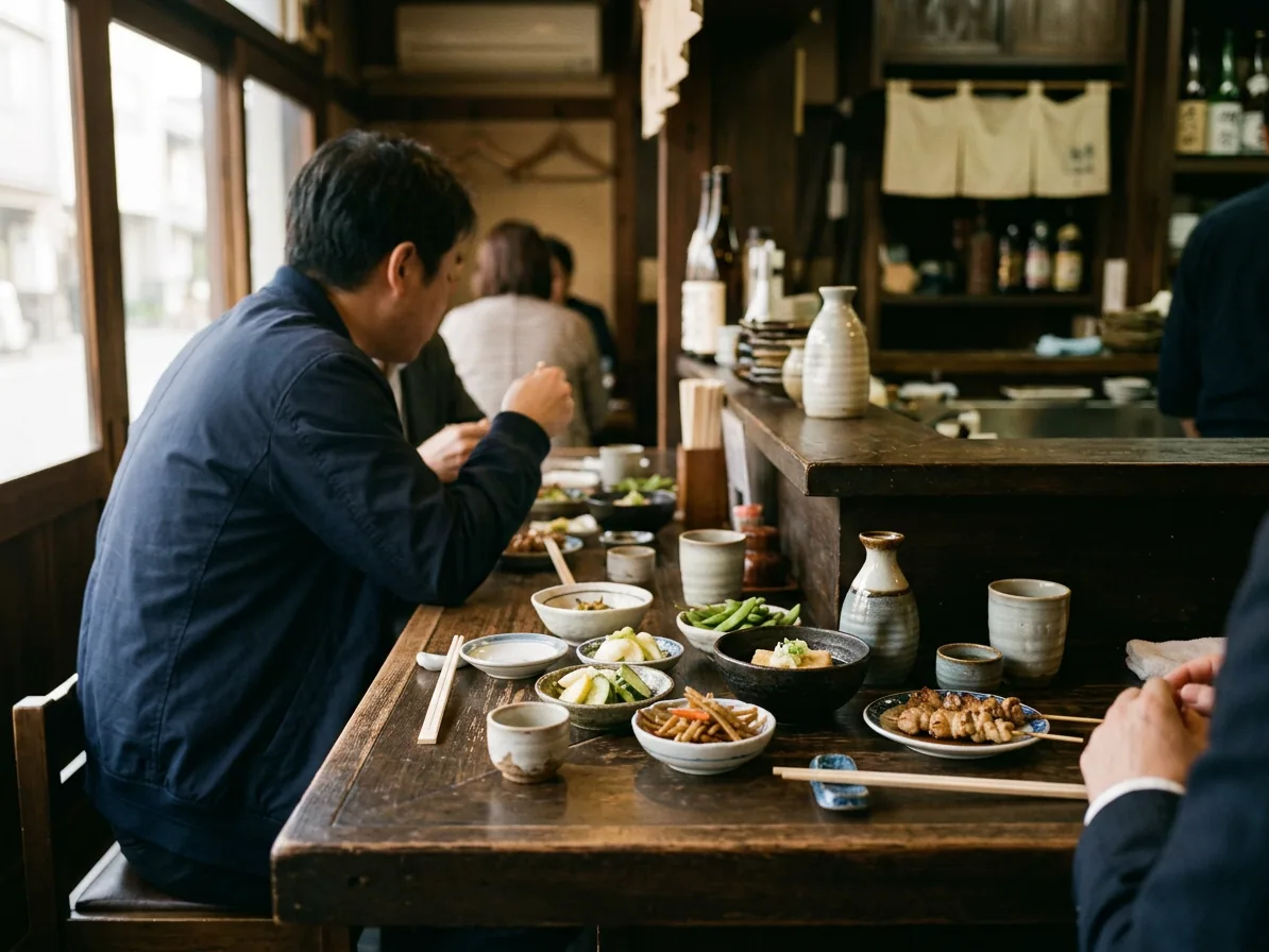 An izakaya counter table set with small Japanese dishes and ceramic cups