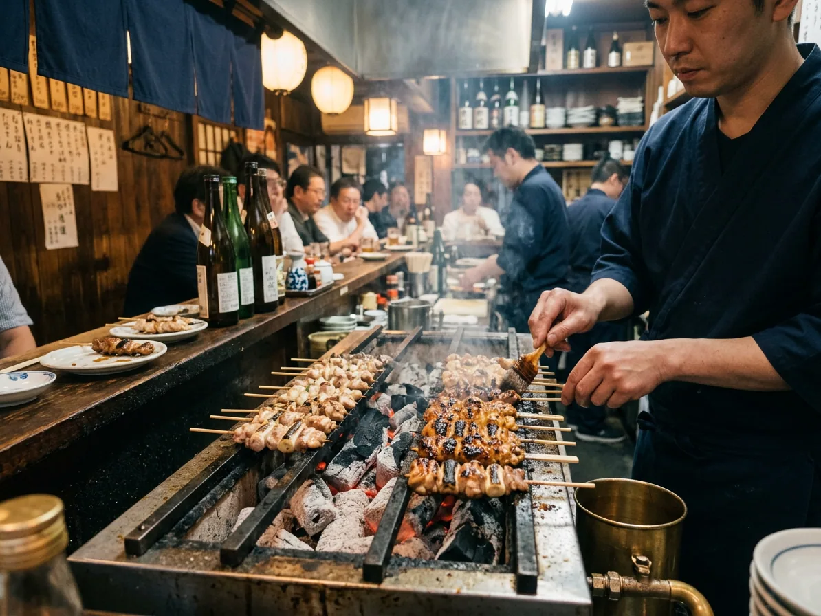 Yakitori skewers grilling over charcoal at a Tokyo izakaya