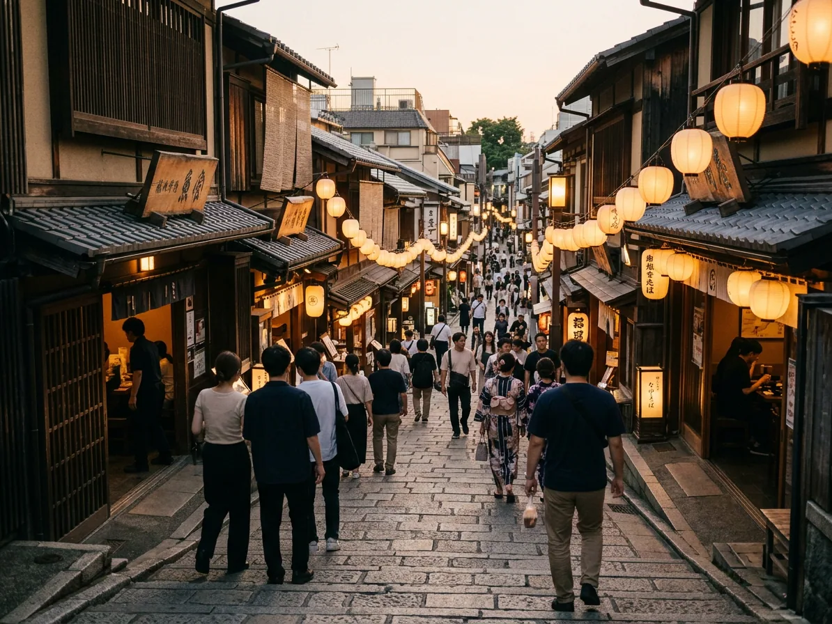 The stone-paved slope of Kagurazaka in Tokyo at evening with warm lantern light