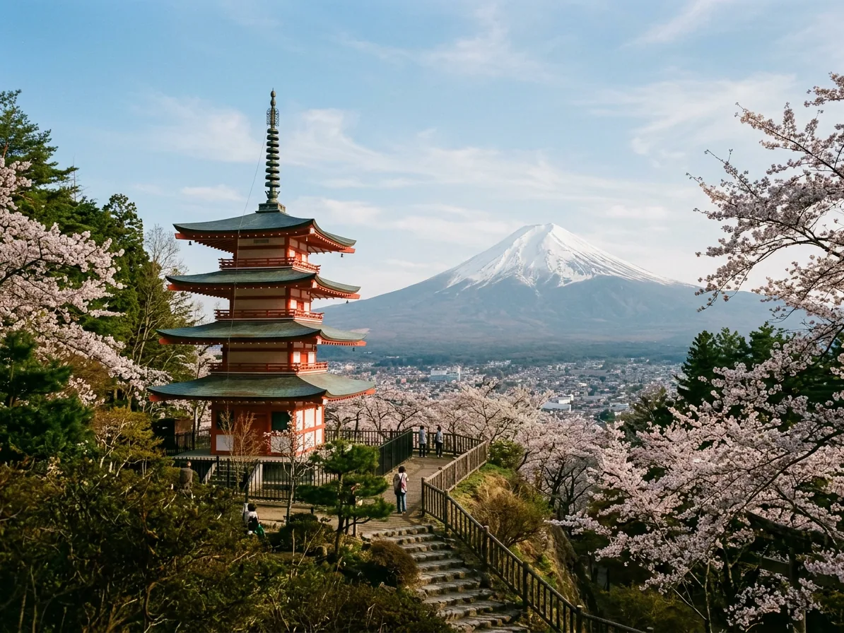 Mount Fuji rising behind the Chureito Pagoda on a clear winter morning above Fujiyoshida