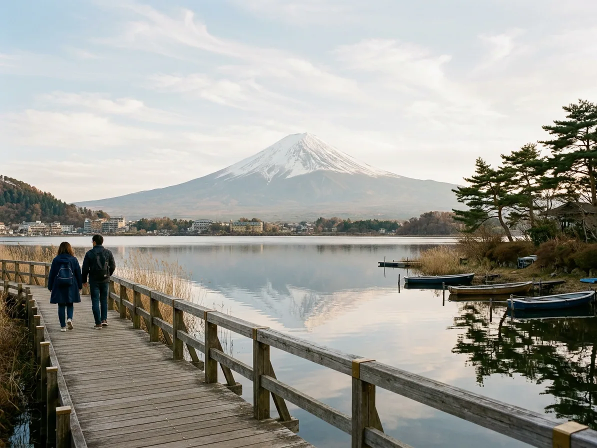 Mount Fuji seen across Lake Kawaguchiko with calm water and a wooden lakeside walkway