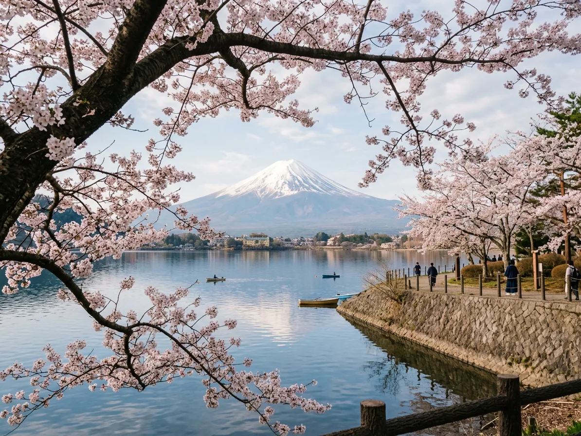 Cherry blossom branches framing Mount Fuji above the shore of Lake Kawaguchiko