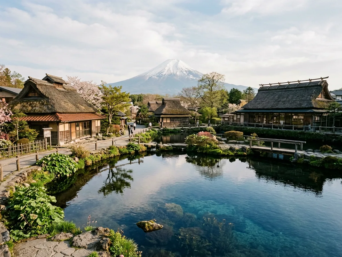 The clear spring ponds of Oshino Hakkai village with thatched roof farmhouses and Mount Fuji distant